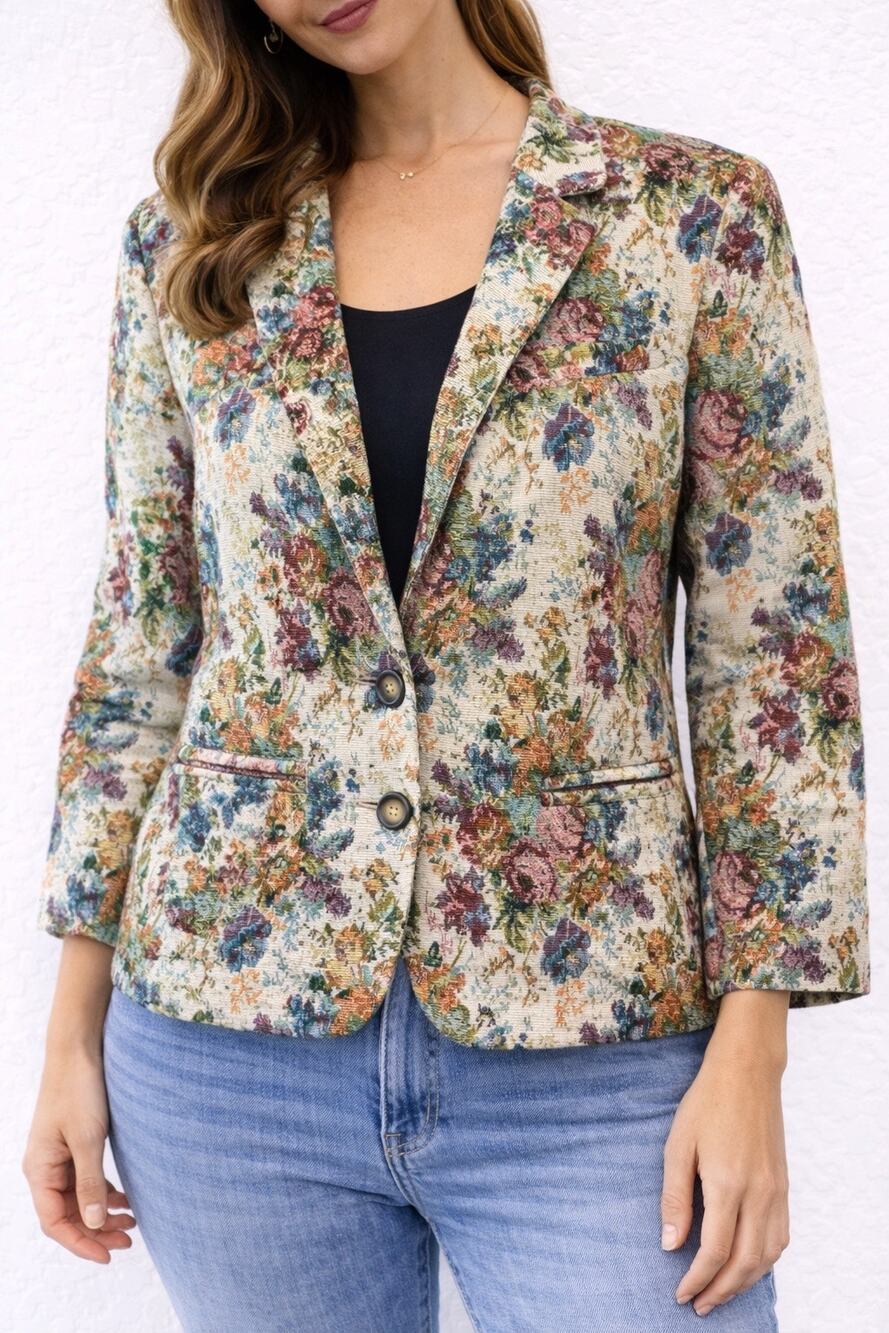 GARNET HILL Floral Tapestry Blazer Jacket Cottagecore Textured Fall Size 16